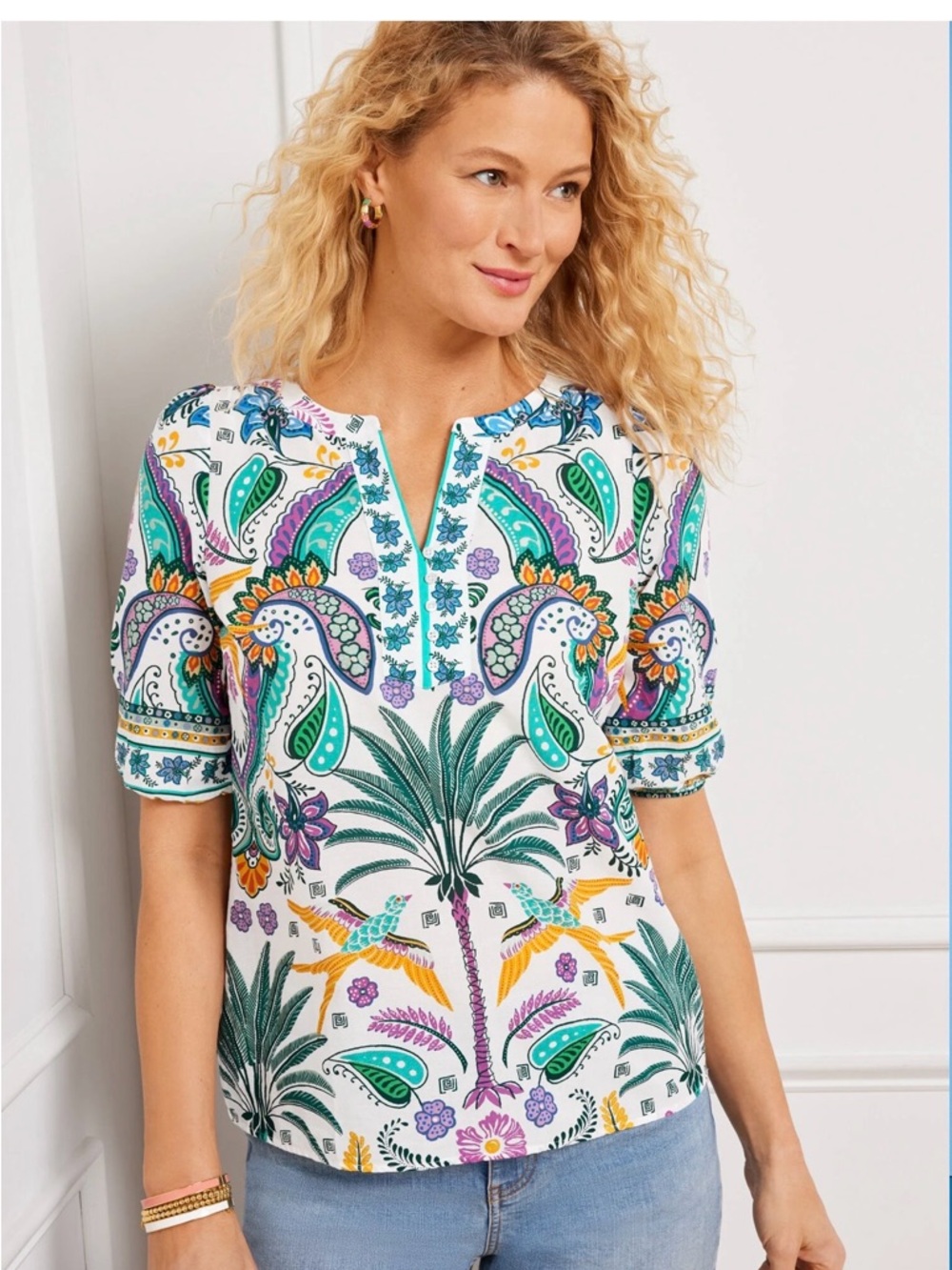 Talbots Blouse L Petite Floral Paisley Boho Peasant Hippie Tropical  Cotton